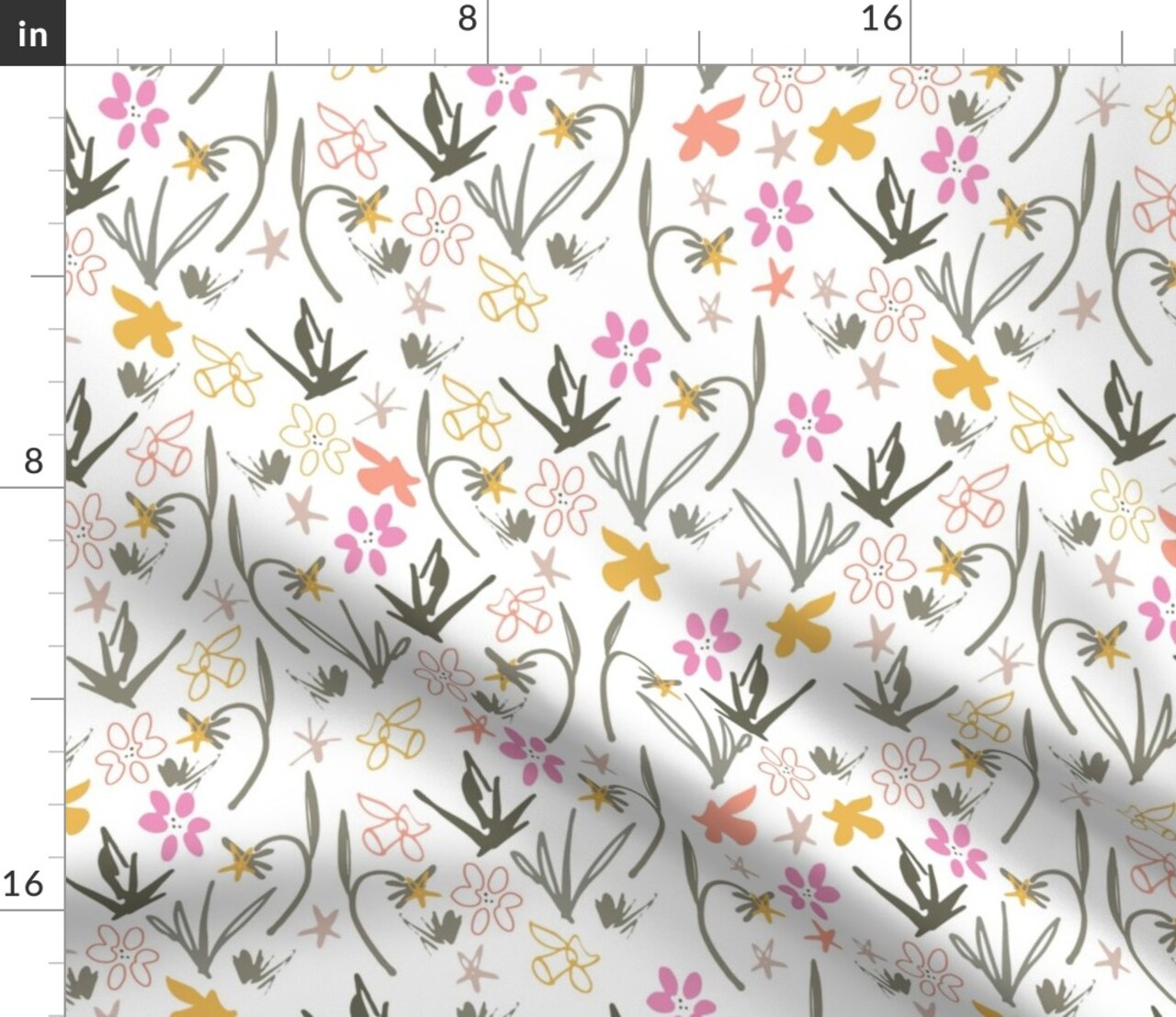 Hand Drawn Wildflowers Garden Nature Daffodil Abstract Spring Custom Printed Fabric by Spoonflower Various Fabrics by the Yard or Fat Quarter